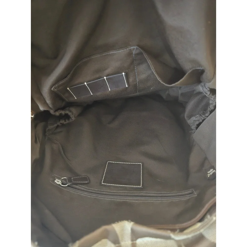 Coach Vintage Y2K Signature Jacquard Canvas Backpack Brown Tan Purple Pom Detail